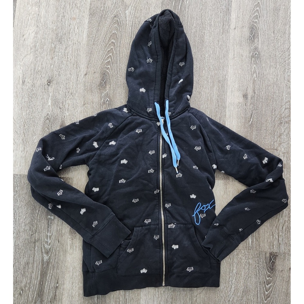 Fox Racing Girls Black All Over Logo Print Sherpa Lined Full Zip Hoodie Size M